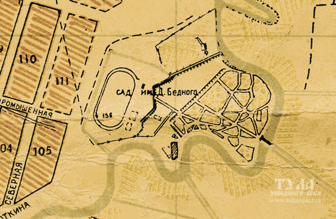 Фрагмент карты 1934 года. В то время Баташевский сад имел только правобережную часть